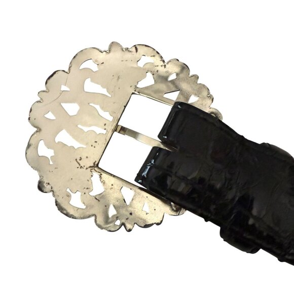 Vintage Brighton Empire Lace Black Croc Embossed Patent Leather Belt Crystals - Picture 11 of 16